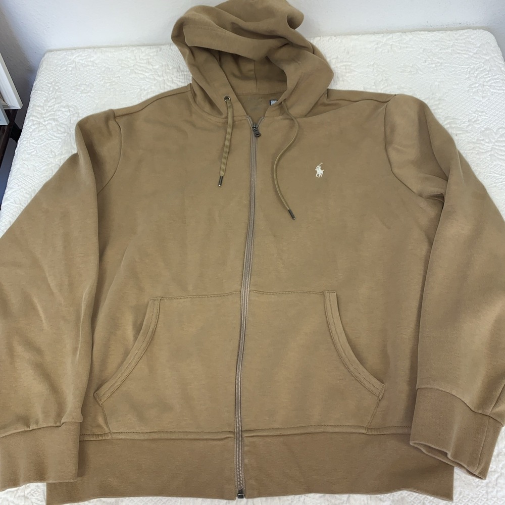 Polo Ralph‎ Lauren Mens Zip Up Hoodie Tan White Embroidered Pony Logo Size L